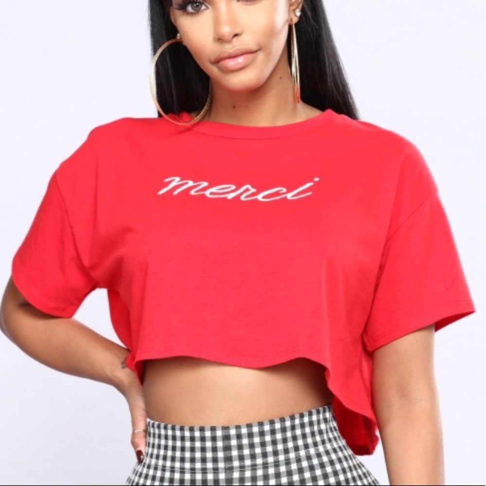 NWOT Fashion Nova Red Graphic Crop Top Tee ‘Merci’